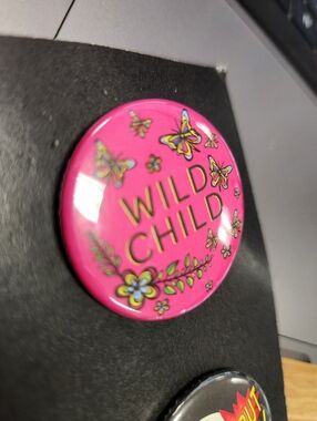 ⭐NEW Pink "Wild Child" Button Pin with Butterfly Design